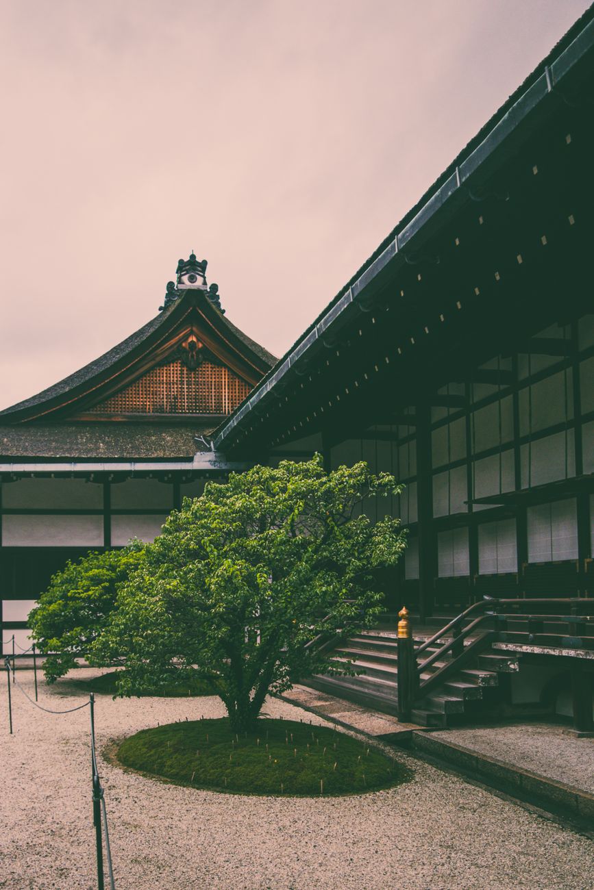 Traditional Japanese wooden temple courtyard garden